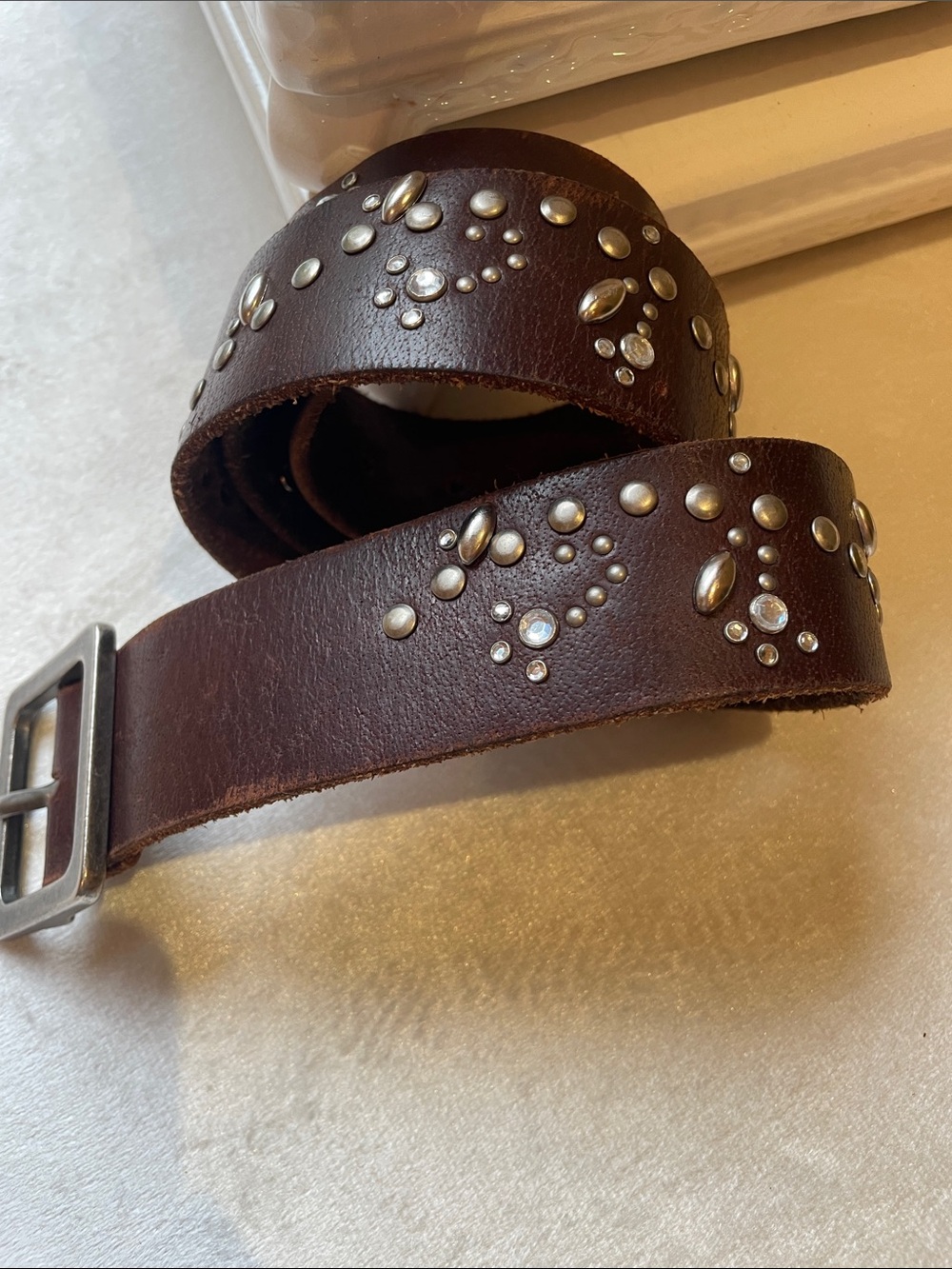 Women's distressed Brown Leather Studded Belt with Decorative Silver Accents and